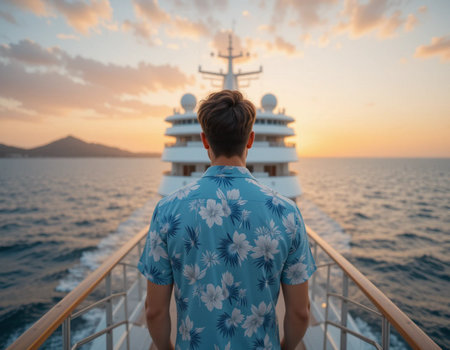 Rear view of a young man standing on the deck of a cruise ship and looking at the sunset.の素材