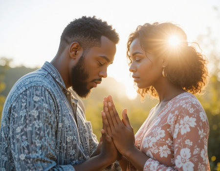 Young african american man and woman praying together in the countrysideの素材