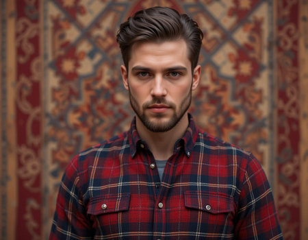 Portrait of handsome young man in checkered shirt. Men's beauty, fashion.の素材