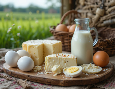 Fresh dairy products on a wooden plate. Rustic style, selective focus.の素材