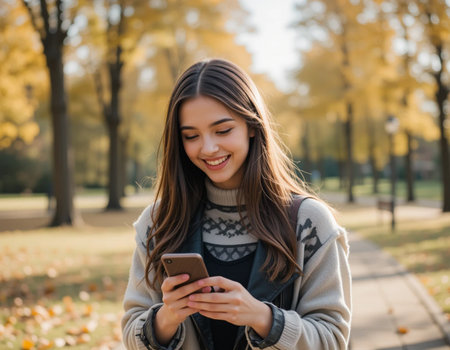 Portrait of a smiling young woman using mobile phone in autumn parkの素材