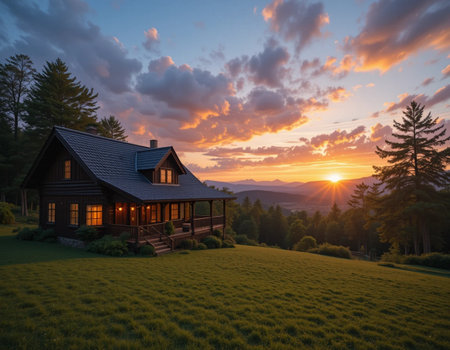 Beautiful sunset in the mountains. Wooden house on the meadow.の素材