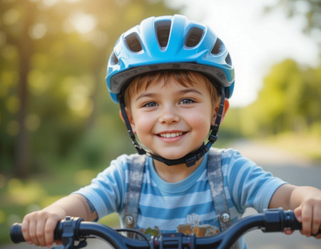 Happy little boy in helmet riding a bicycle in the park. Outdoor portraitの素材
