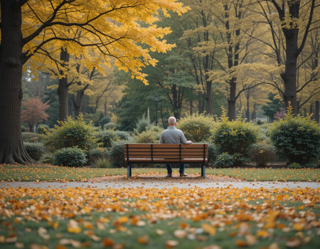 Senior man sitting on a bench in the autumn park with fallen leavesの素材