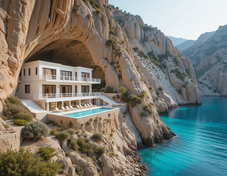 Beautiful modern house on the rock and turquoise sea.の素材