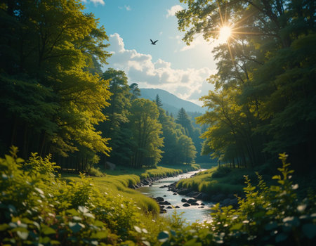 Beautiful landscape with a river in the forest and a bird flyingの素材