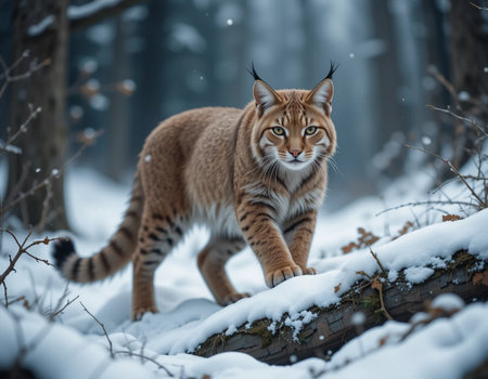 Eurasian lynx in winter forest. Wildlife scene from nature.の素材