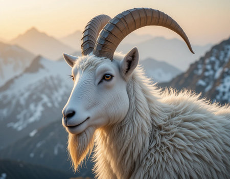 White goat with long horns on the background of mountains at sunset.の素材