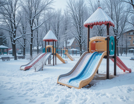 Playground in the park during a snowfall. Winter landscape.の素材