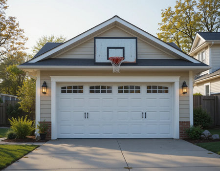 Newly built home with basketball hoop in front of the garage.の素材