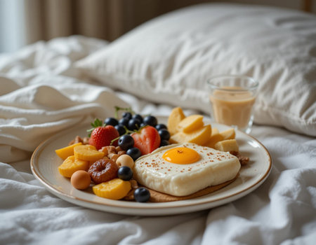 Breakfast in bed with heart shaped pancakes, fruits and coffee.の素材