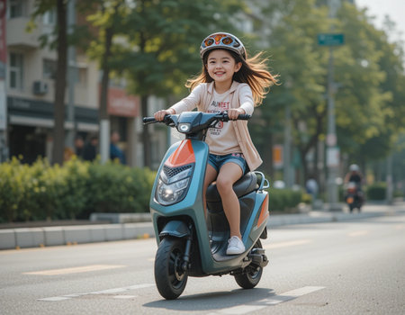 Beautiful asian girl riding a scooter on the road.の素材