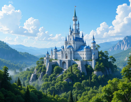 Magic castle in the mountains. Fairy-tale castle in the mountains.の素材