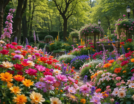 Colorful flower garden in the spring time. Beautiful flowers in the garden.の素材