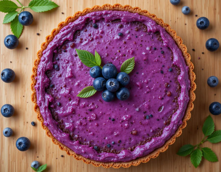 Homemade blueberry tart with fresh berries and mint on wooden backgroundの素材