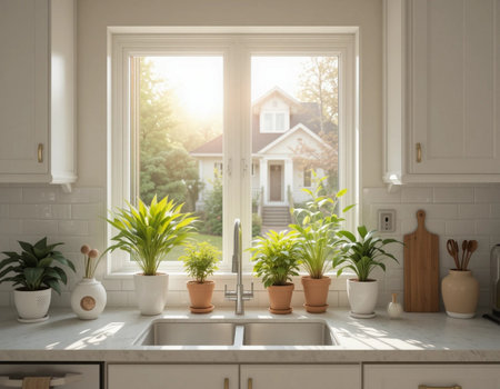 Kitchen interior with faucet and plants in pots near windowの素材