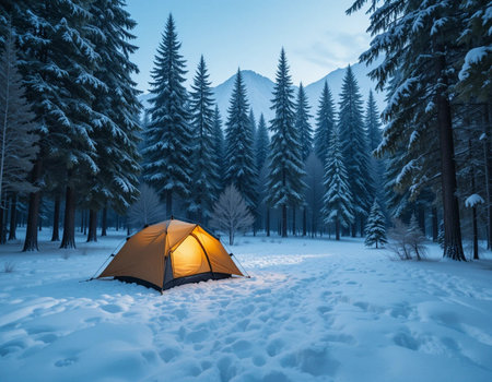 Camping in the winter forest. The tent stands in the forest.の素材