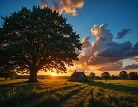 Sunset over an old oak tree in a field with a country house in the backgroundの素材