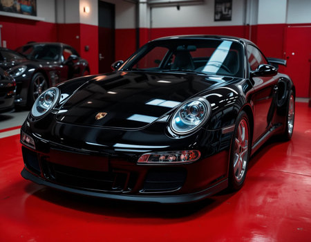 Black Porsche 911 Turbo S on display at the Motor Show in MECC.の素材