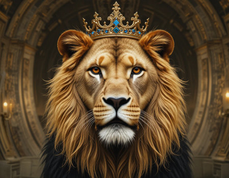 Portrait of a lion king with a crown on his head.の素材