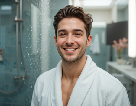 Portrait of young man in bathrobe smiling at camera in bathroomの素材
