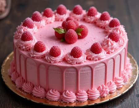 Pink cake with raspberries on a wooden background. Selective focus.の素材