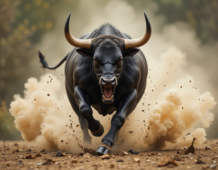 Black buffalo with big horns running in dust. Concept of bullfighting.の素材