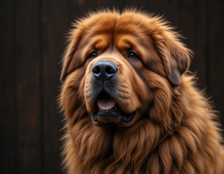 Portrait of a Tibetan Mastiff dog on a wooden background.の素材