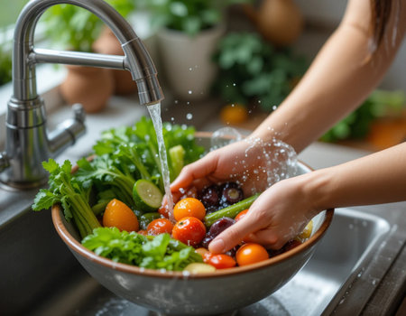 Closeup of woman washing vegetables in kitchen sink. Healthy eating conceptの素材
