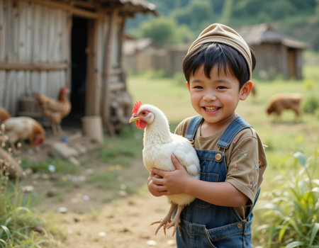 Portrait of Asian boy holding a chicken in the farm.の素材