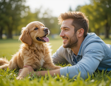 Young man lying on grass with his golden retriever dog in parkの素材