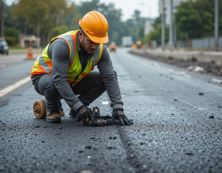 construction worker laying new asphalt on the road, concept of road repairの素材