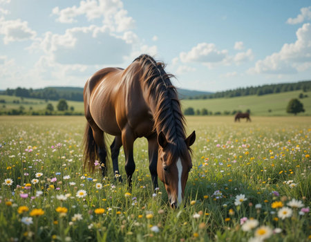 Horse grazing on a meadow with flowers and a blue sky with cloudsの素材