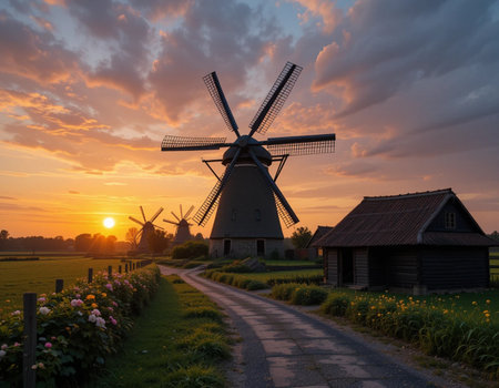 Sunset with windmills in Kinderdijk, Netherlands.の素材