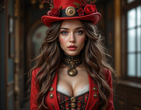 Beautiful young woman with long curly hair, dressed in a red dress and a red hat with a wreath of flowers on her head.の素材
