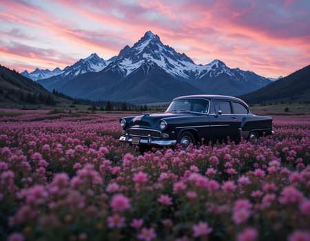 Vintage car in the field of pink flowers against the background of mountainsの素材