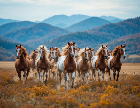 Beautiful horses galloping in the autumn field. Horses in the mountainsの素材