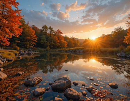 Autumn landscape with lake and colorful forest at sunset, South Koreaの素材