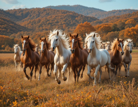Herd of horses running on the field in autumn. beautiful landscapeの素材