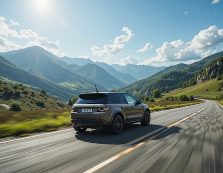 car on the road in mountains with motion blur effect, travel conceptの素材