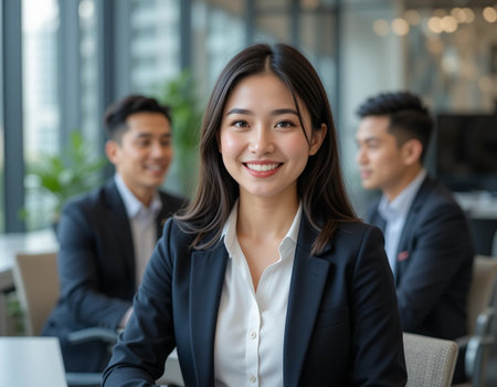 Portrait of happy young Asian businesswoman smiling at camera in officeの素材