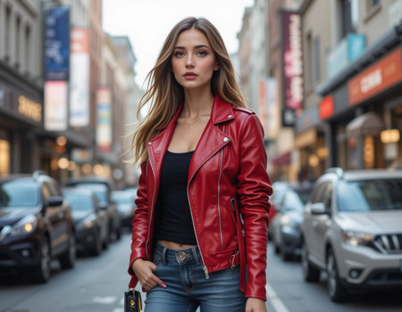 Beautiful young woman in a red leather jacket on a city streetの素材