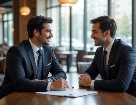 Two businessmen sitting at table in cafe, talking and smiling. Business meeting conceptの素材