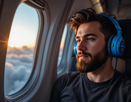 Handsome young man in headphones listening to music while traveling by airplaneの素材