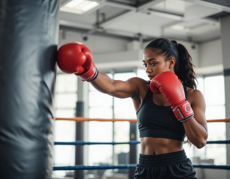 Young african american woman in boxing gloves training at the gymの素材