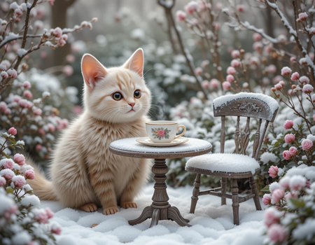 Cute ginger kitten sitting in the snow with a cup of teaの素材