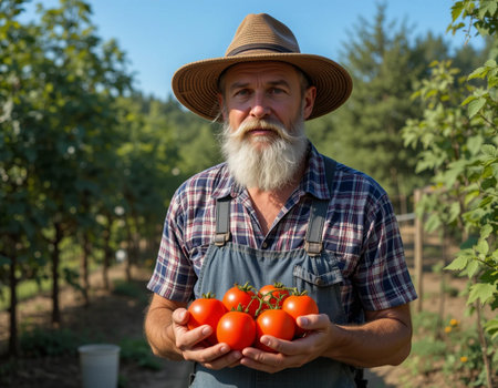 Portrait of a senior farmer with fresh tomatoes in his garden.の素材