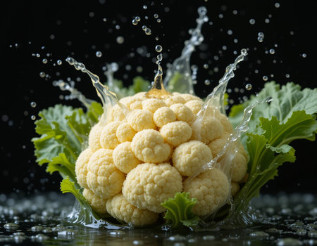 Fresh cauliflower with water splash on black background. Healthy food.の素材