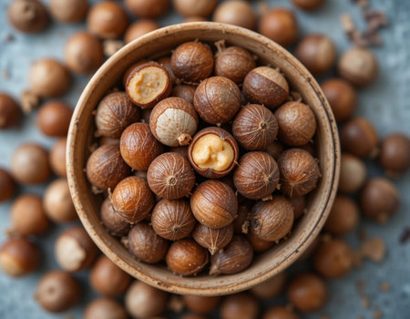 Macadamia nuts in a wooden bowl on a textured backgroundの素材