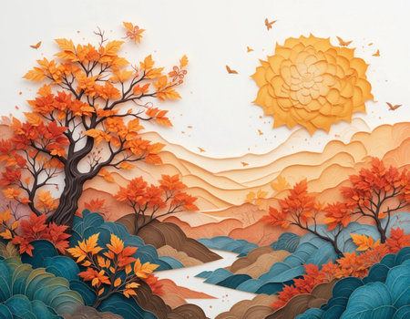 Autumn landscape with yellow and orange leaves. Paper cut style.の素材